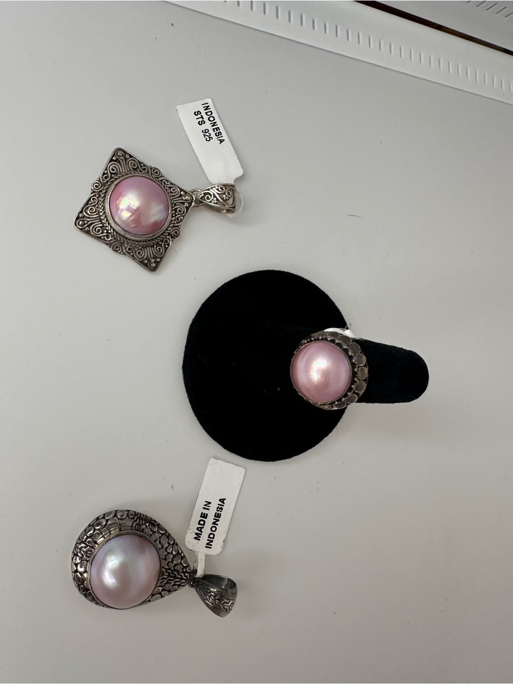 Pink Pearl Sterling Charms and Ring — Feminine Pink Gem Accent